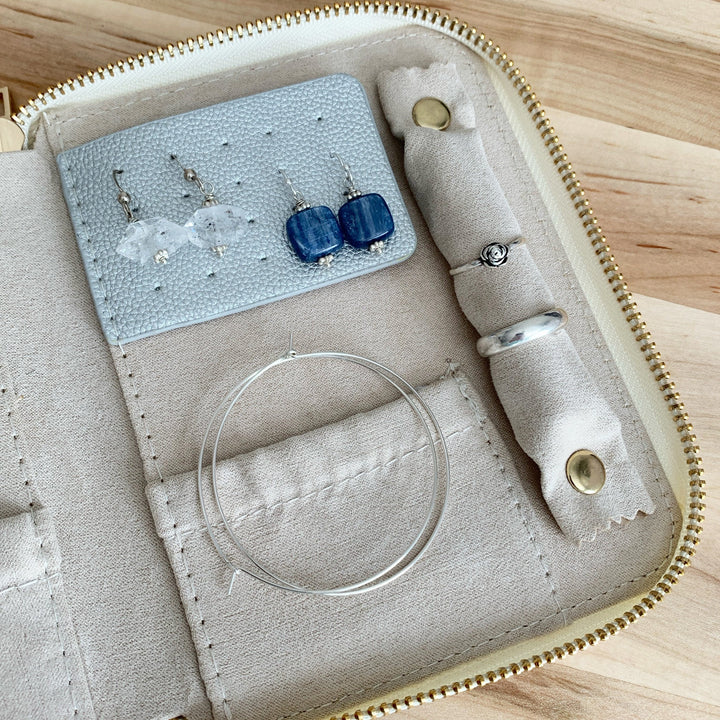 Jewelry Travel Case, Small Secure Zippered Leatherette Organizer for Earrings, Necklaces, Bracelets, and Rings - SunlightSilver