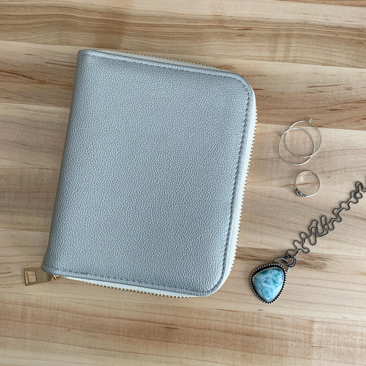Jewelry Travel Case, Small Secure Zippered Leatherette Organizer for Earrings, Necklaces, Bracelets, and Rings - SunlightSilver