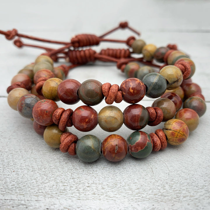 Red Cherry Creek Jasper Gemstone and Rustic Brown Leather Adjustable Bracelet - SunlightSilver