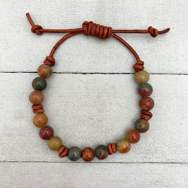 Red Cherry Creek Jasper Gemstone and Rustic Brown Leather Adjustable Bracelet - SunlightSilver