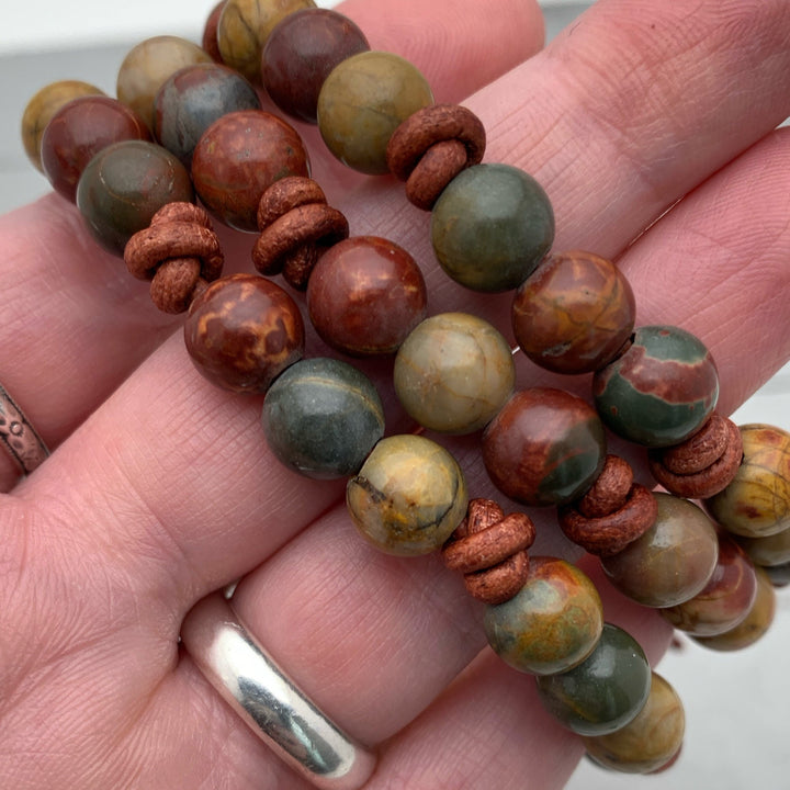 Red Cherry Creek Jasper Gemstone and Rustic Brown Leather Adjustable Bracelet - SunlightSilver
