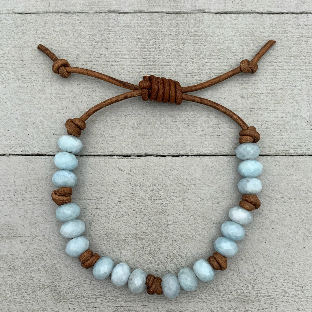 Aquamarine and Rustic Brown Leather Bracelet - SunlightSilver