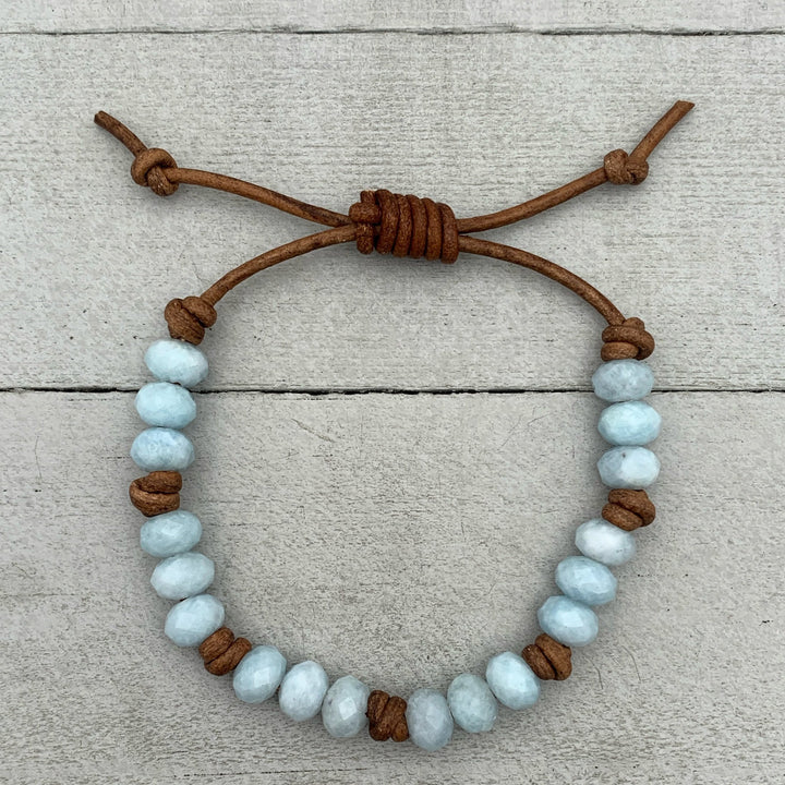Aquamarine and Rustic Brown Leather Bracelet - SunlightSilver