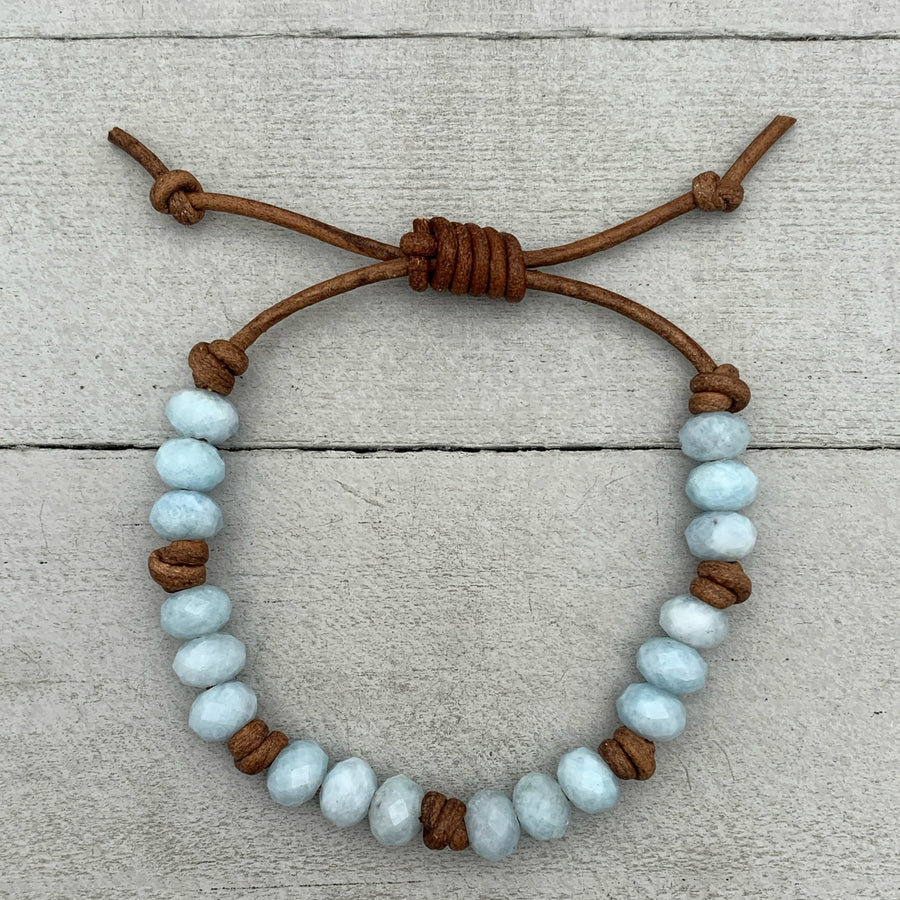 Aquamarine and Rustic Brown Leather Bracelet - SunlightSilver
