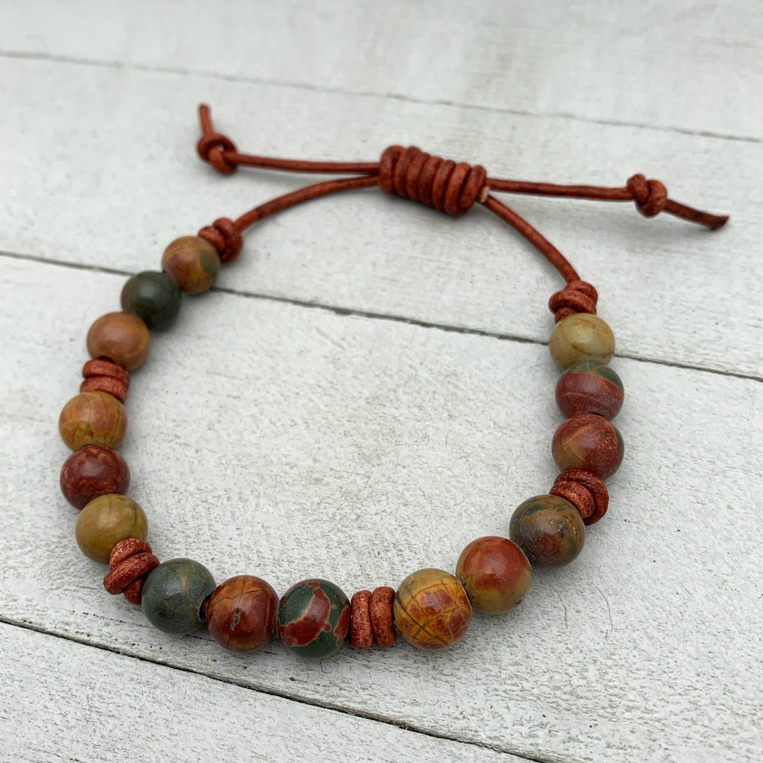 Red Cherry Creek Jasper Gemstone and Rustic Brown Leather Adjustable Bracelet - SunlightSilver