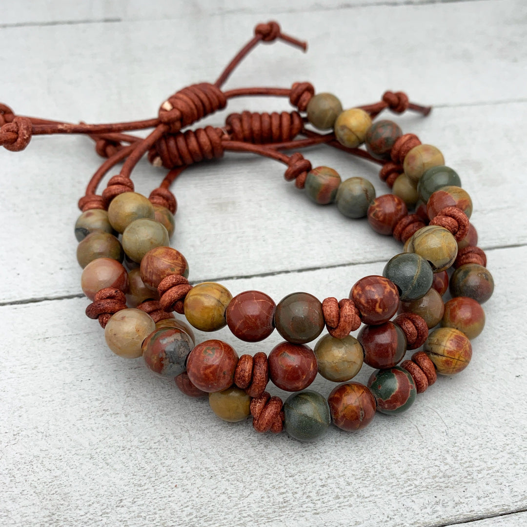 Red Cherry Creek Jasper Gemstone and Rustic Brown Leather Adjustable Bracelet - SunlightSilver