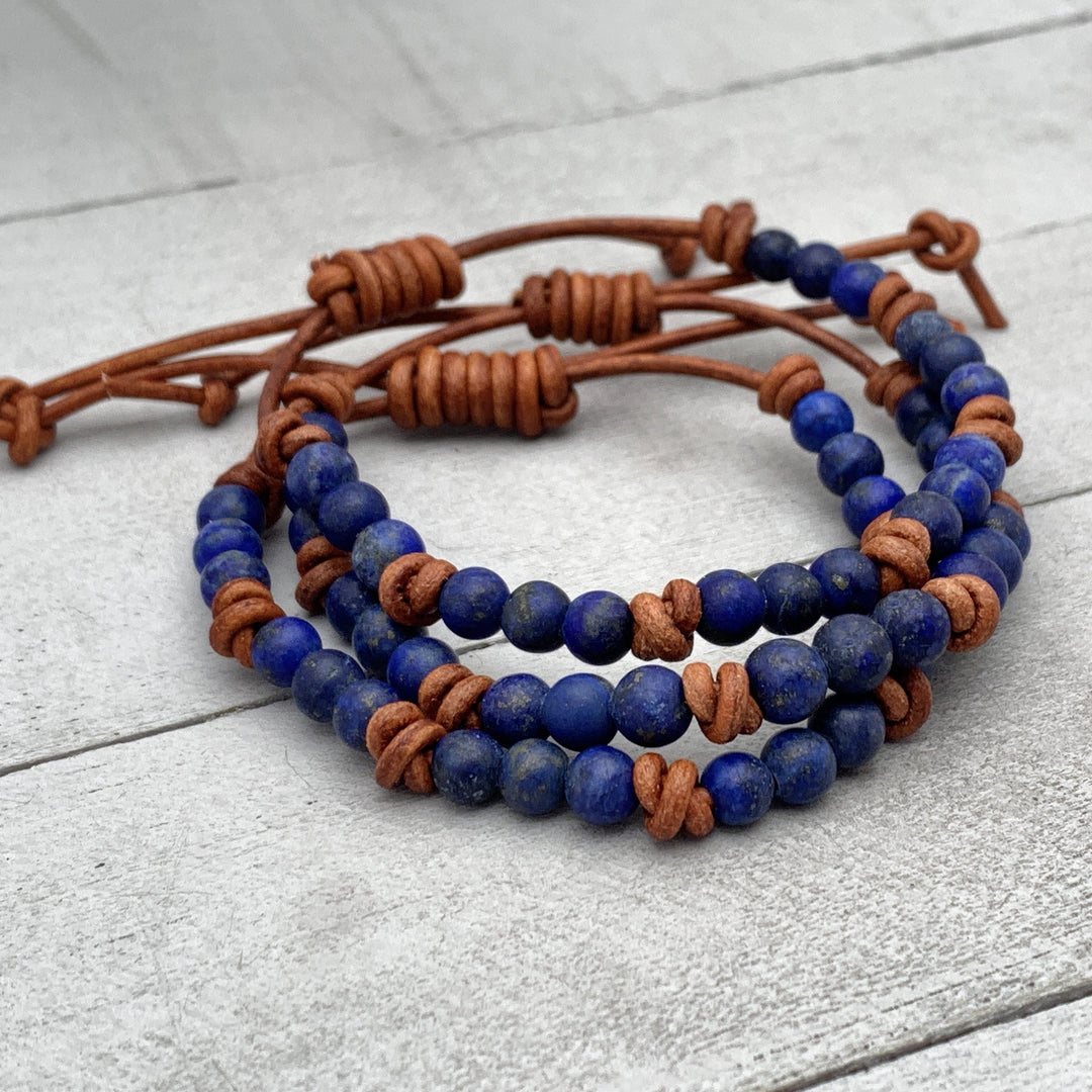 Lapis Lazuli and Rustic Brown Leather Bracelet - SunlightSilver