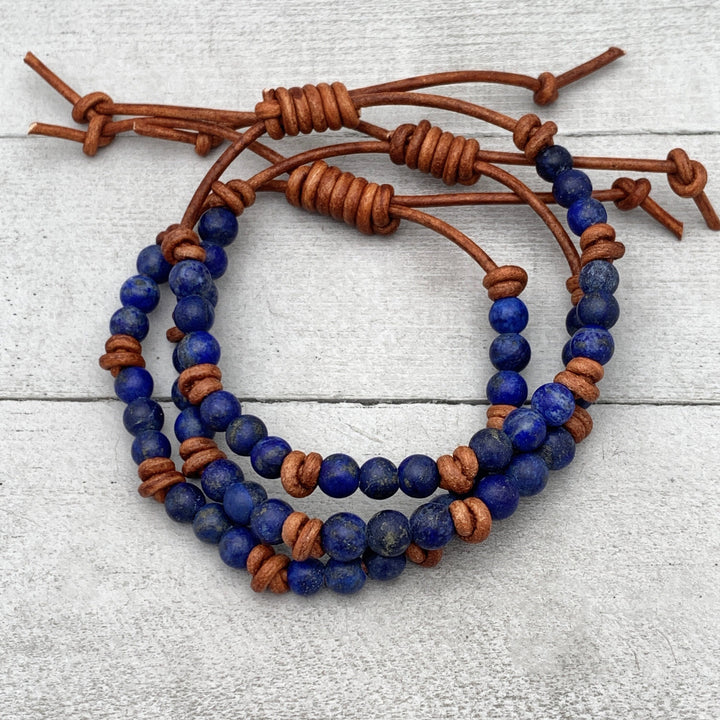 Lapis Lazuli and Rustic Brown Leather Bracelet - SunlightSilver