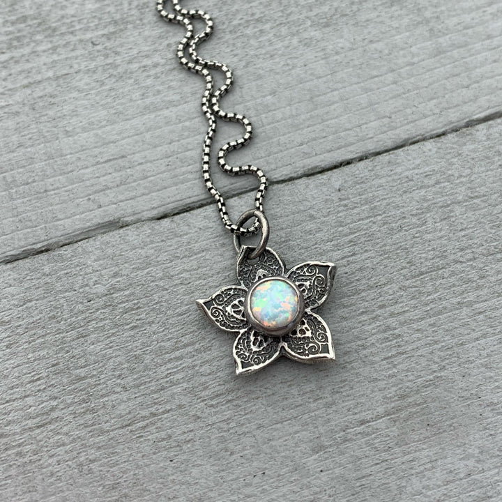Small Sterling Silver Flower Charm with Opal Necklace. Solid 925 Sterling Silver - SunlightSilver