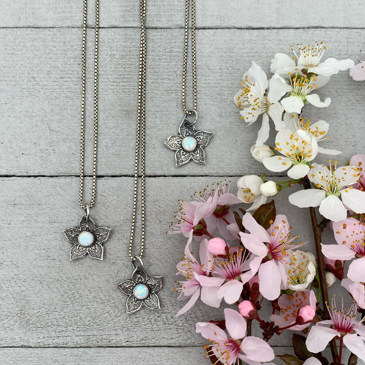 Small Sterling Silver Flower Charm with Opal Necklace. Solid 925 Sterling Silver - SunlightSilver