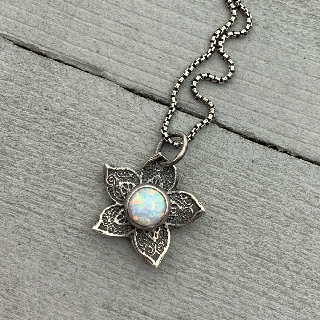 Small Sterling Silver Flower Charm with Opal Necklace. Solid 925 Sterling Silver - SunlightSilver