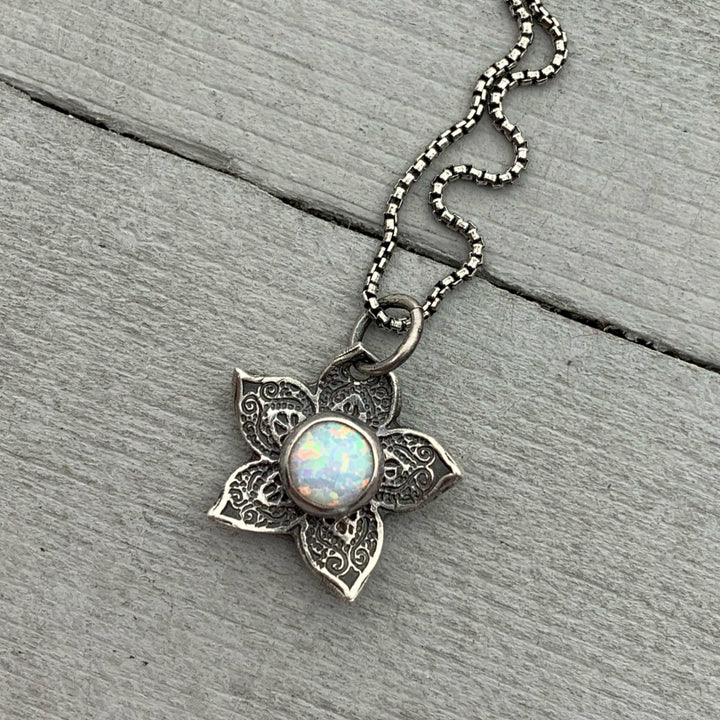 Small Sterling Silver Flower Charm with Opal Necklace. Solid 925 Sterling Silver - SunlightSilver
