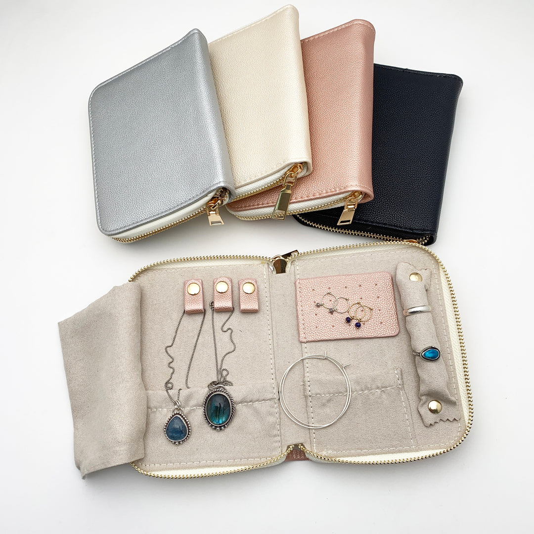Jewelry Travel Case, Small Secure Zippered Leatherette Organizer for Earrings, Necklaces, Bracelets, and Rings - SunlightSilver