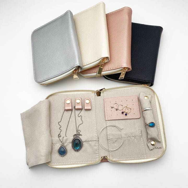 Jewelry Travel Case, Small Secure Zippered Leatherette Organizer for Earrings, Necklaces, Bracelets, and Rings - SunlightSilver