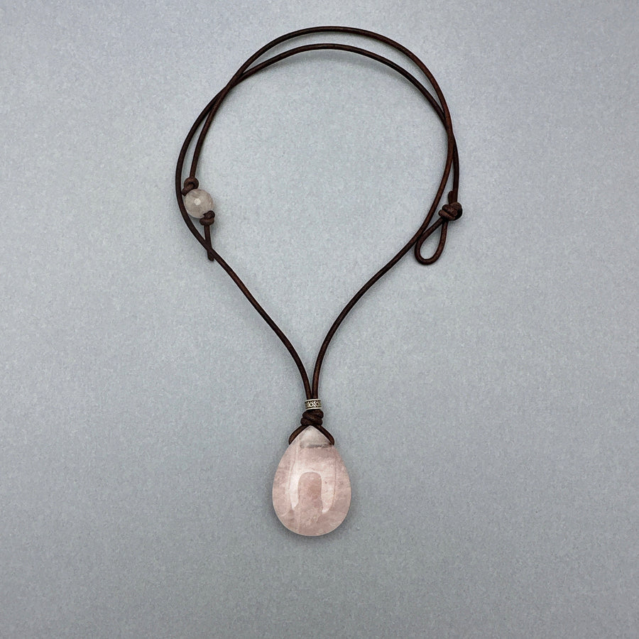 Rose Quartz Pendant Leather Necklace. Healing Crystal