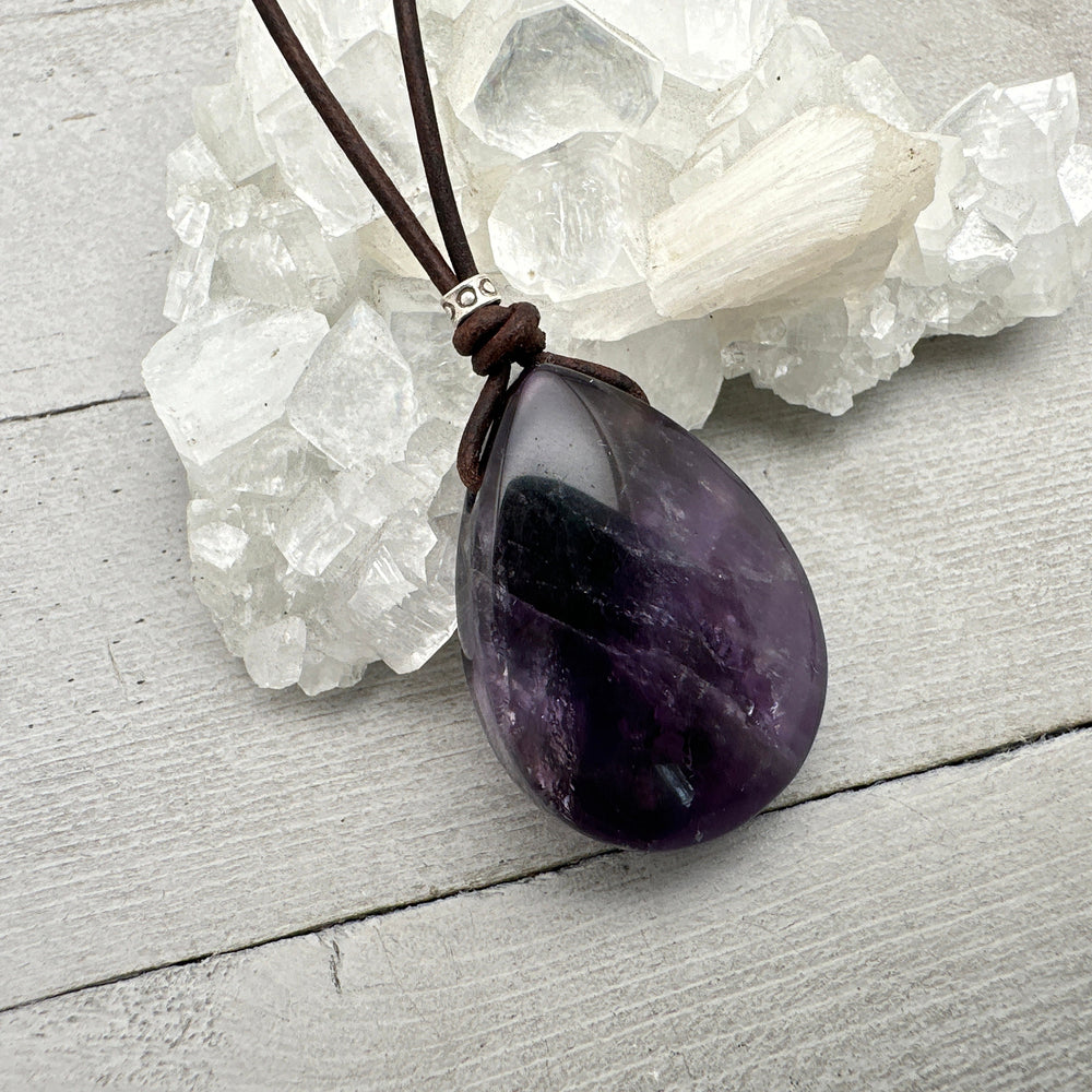 Purple Amethyst Pendant Leather Necklace - SunlightSilver