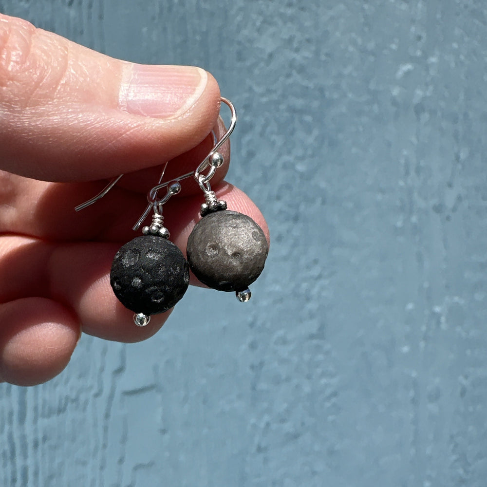 Carved Silver Sheen Obsidian Moon and Sterling Silver Earrings. Flashy Glowing Stones Handcarved, Meteorite - SunlightSilver