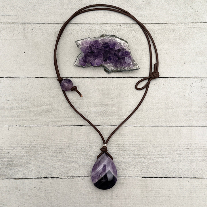 Purple Amethyst Pendant Leather Necklace - SunlightSilver