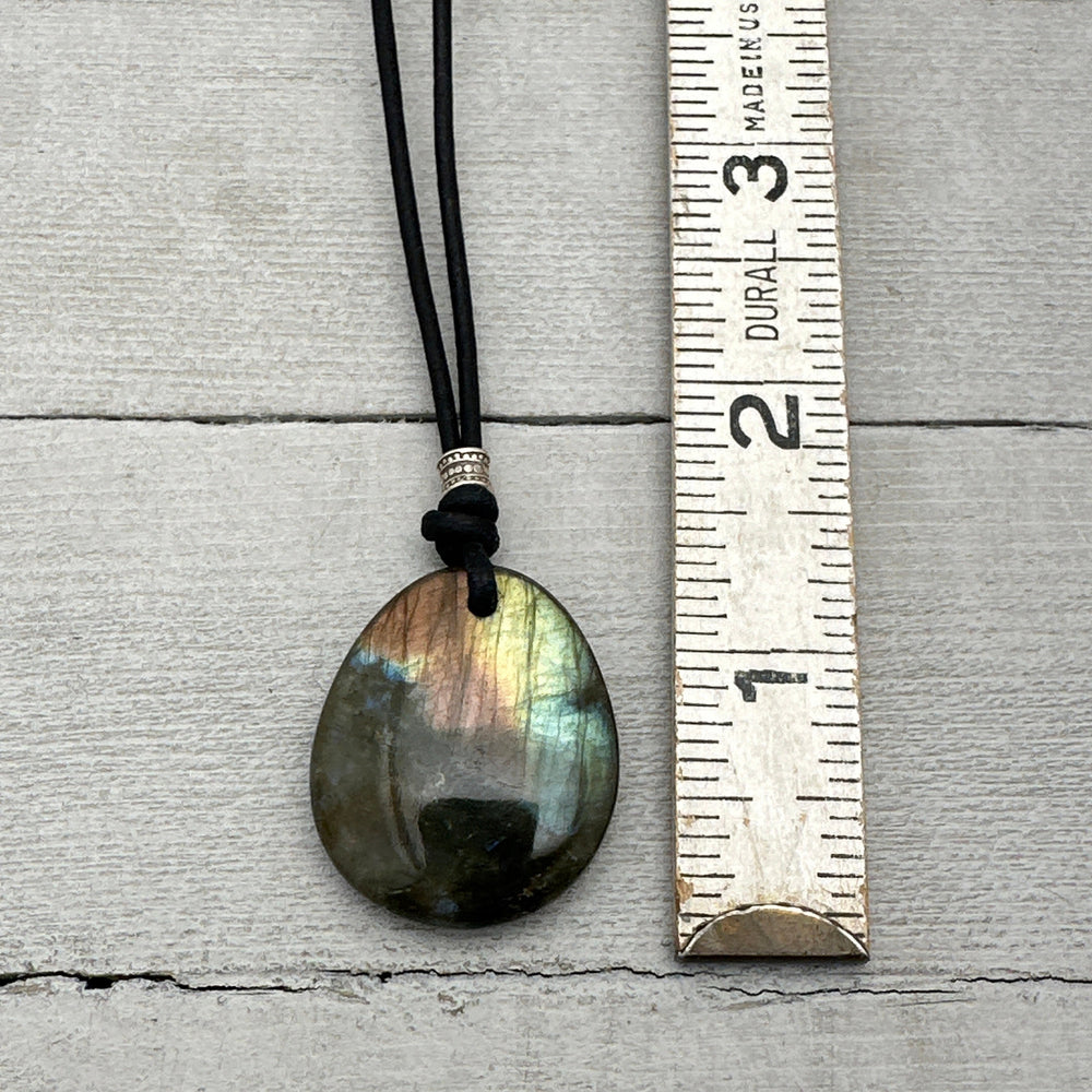 Labradorite Crystal, Thai Hill Tribe Silver and Black Leather Necklace - SunlightSilver
