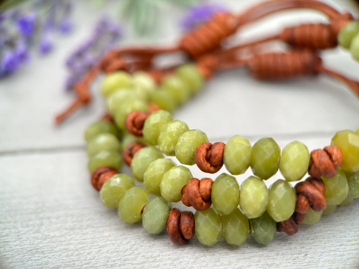 Natural Faceted Green Jade and Rustic Brown Leather Layering Bracelet - SunlightSilver