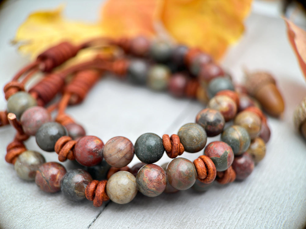 Red Cherry Creek Jasper Gemstone and Rustic Brown Leather Adjustable Bracelet - SunlightSilver