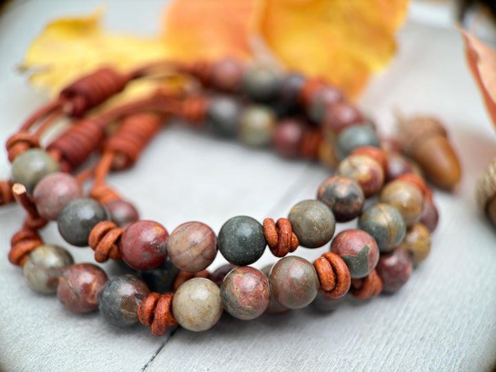 Red Cherry Creek Jasper Gemstone and Rustic Brown Leather Adjustable Bracelet - SunlightSilver