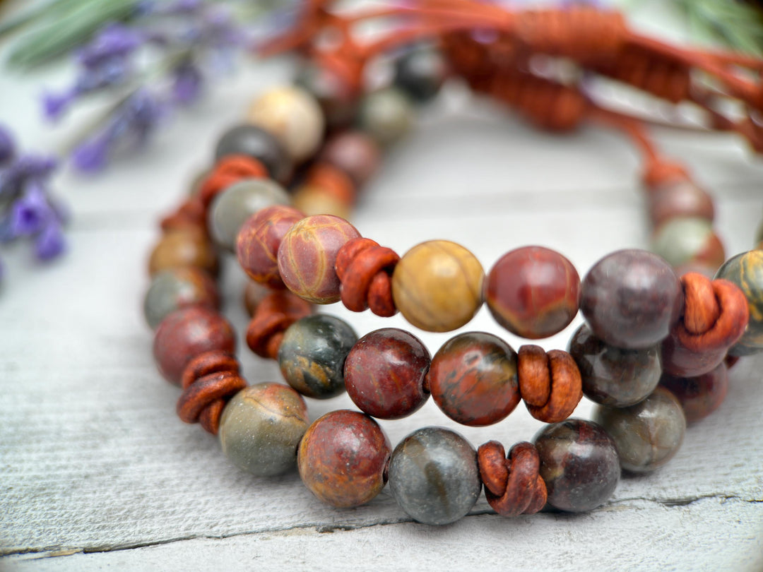 Red Cherry Creek Jasper Gemstone and Rustic Brown Leather Adjustable Bracelet - SunlightSilver