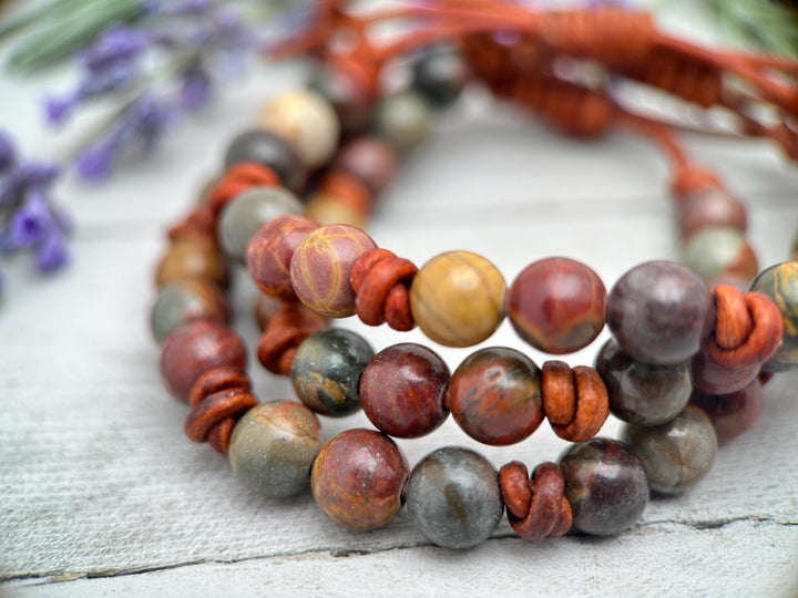 Red Cherry Creek Jasper Gemstone and Rustic Brown Leather Adjustable Bracelet - SunlightSilver