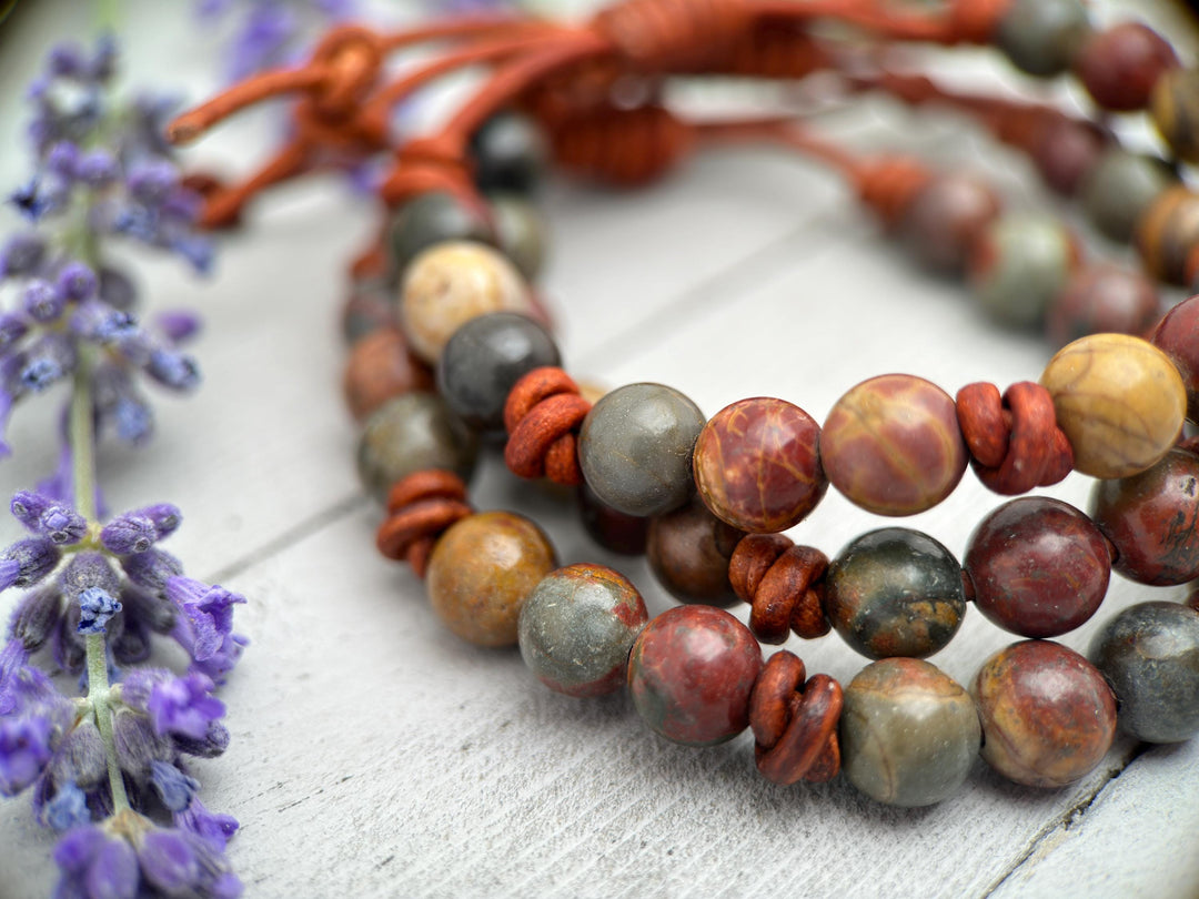 Red Cherry Creek Jasper Gemstone and Rustic Brown Leather Adjustable Bracelet - SunlightSilver