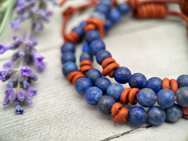 Lapis Lazuli and Rustic Brown Leather Bracelet - SunlightSilver
