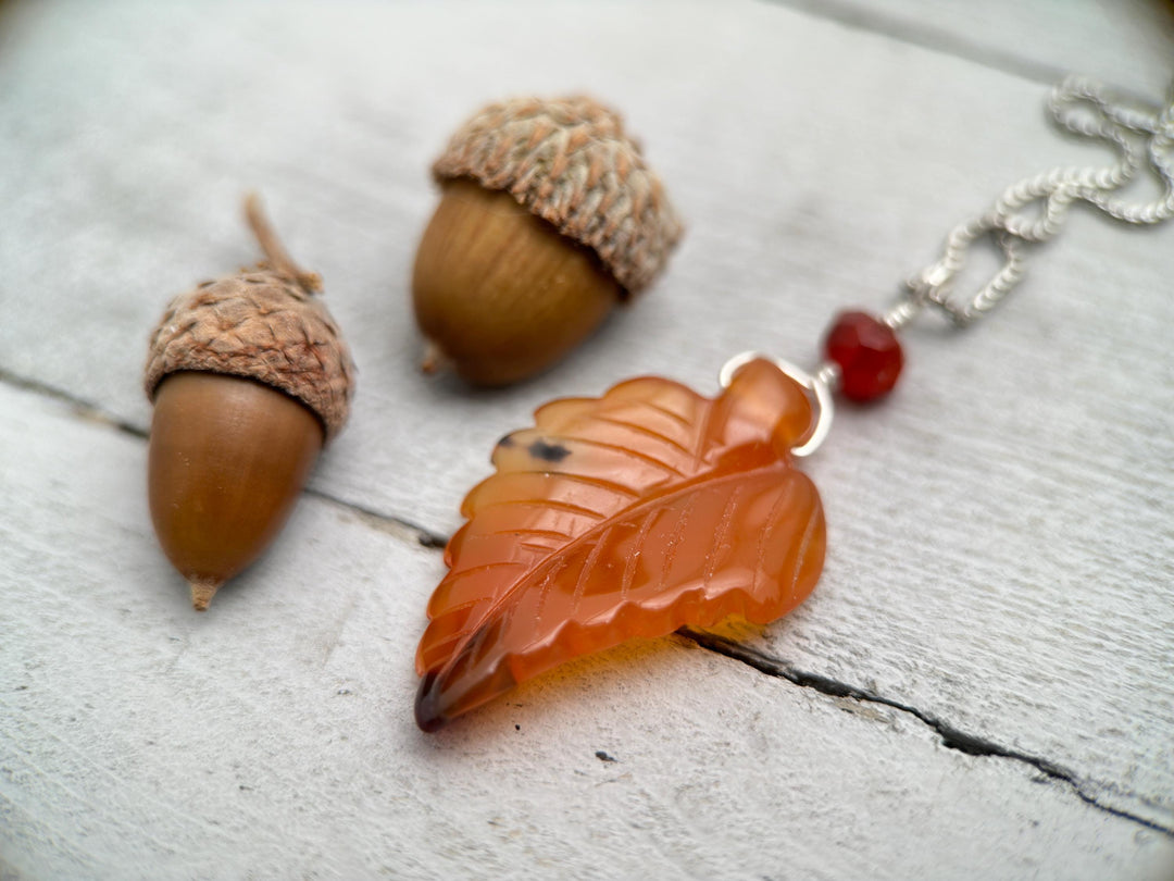 Carved Carnelian Leaf Pendant - SunlightSilver
