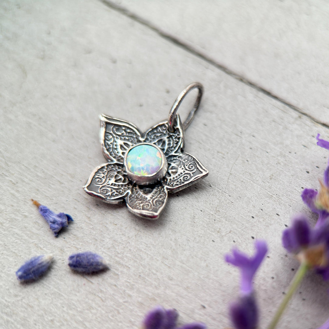 Small Sterling Silver Flower Charm with Opal Necklace. Solid 925 Sterling Silver - SunlightSilver