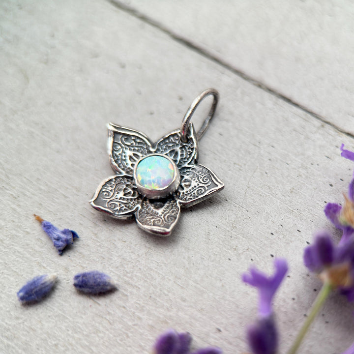 Small Sterling Silver Flower Charm with Opal Necklace. Solid 925 Sterling Silver - SunlightSilver