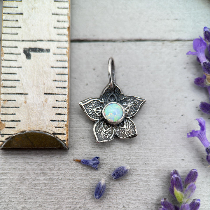 Small Sterling Silver Flower Charm with Opal Necklace. Solid 925 Sterling Silver - SunlightSilver