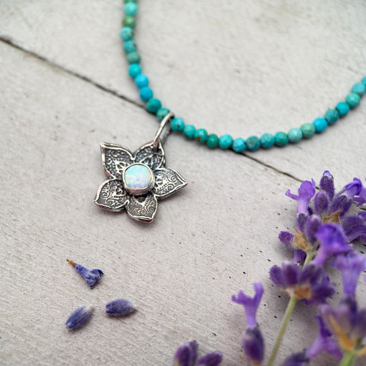 Small Sterling Silver Flower Charm with Opal Necklace. Solid 925 Sterling Silver - SunlightSilver