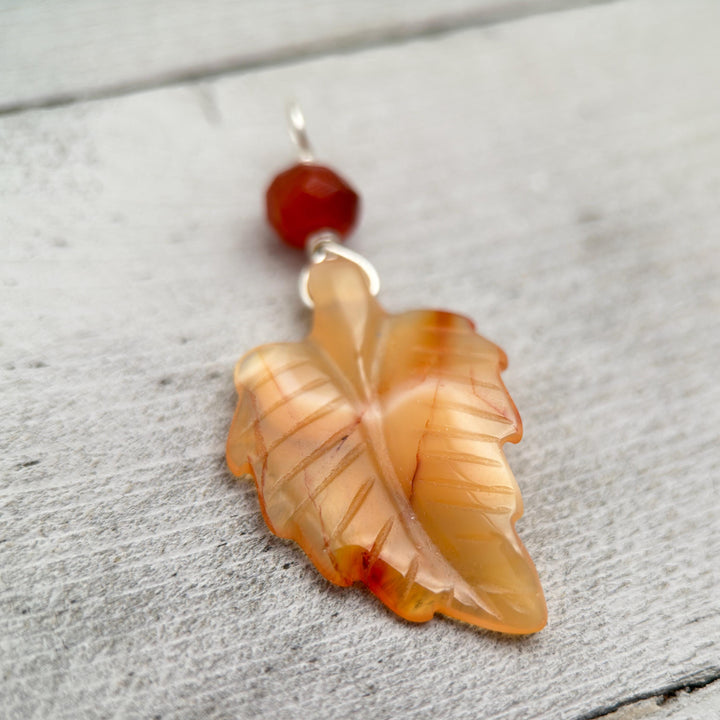Carved Carnelian Leaf Pendant - SunlightSilver