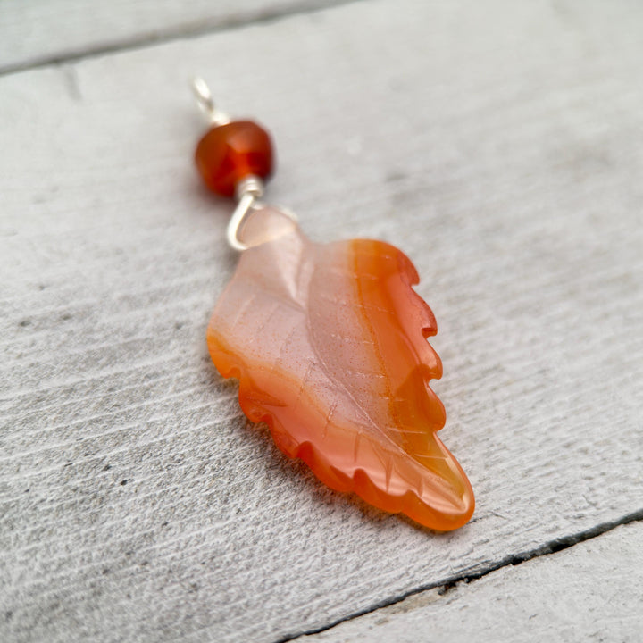Carved Carnelian Leaf Pendant - SunlightSilver