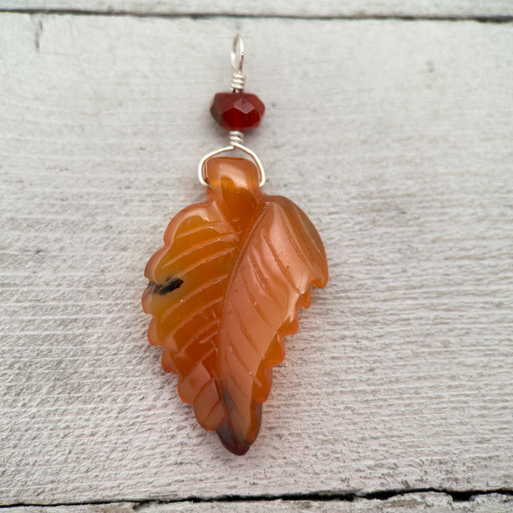 Carved Carnelian Leaf Pendant - SunlightSilver