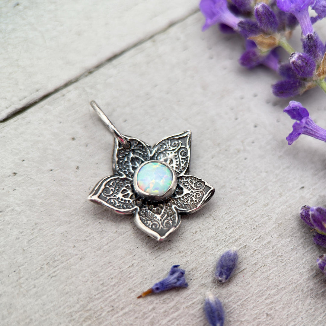 Small Sterling Silver Flower Charm with Opal Necklace. Solid 925 Sterling Silver - SunlightSilver