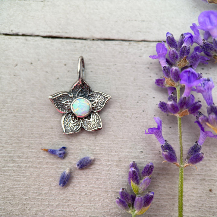 Small Sterling Silver Flower Charm with Opal Necklace. Solid 925 Sterling Silver - SunlightSilver