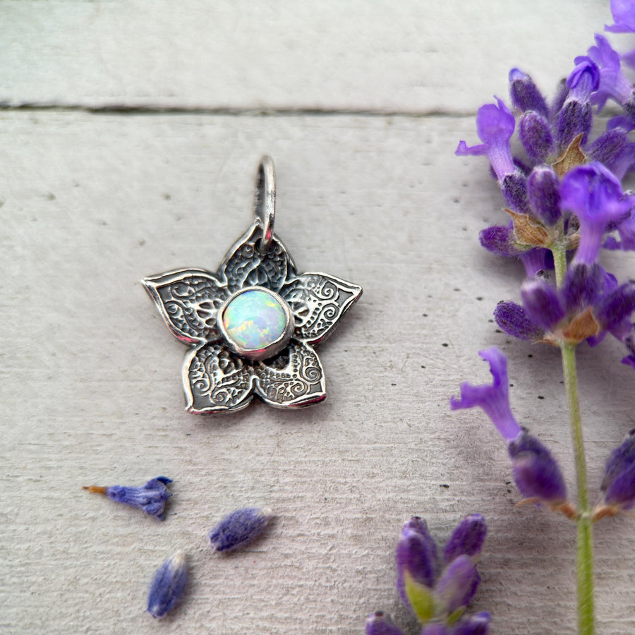 Small Sterling Silver Flower Charm with Opal Necklace. Solid 925 Sterling Silver - SunlightSilver