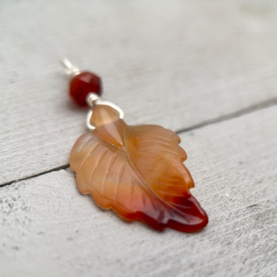 Carved Carnelian Leaf Pendant - SunlightSilver