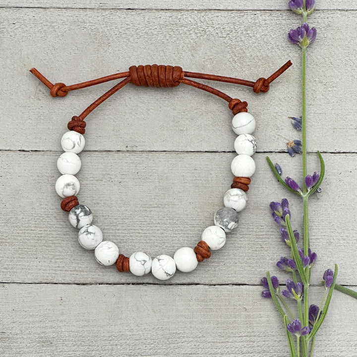 Howlite Gemstone and Rustic Brown Leather Stacking Crystal Bracelet - SunlightSilver