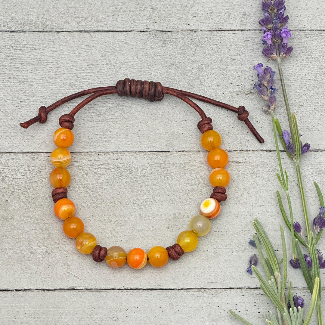 Sardonyx and Leather Stacking Bracelet - August Birthstone Jewelry - Limited Edition - SunlightSilver