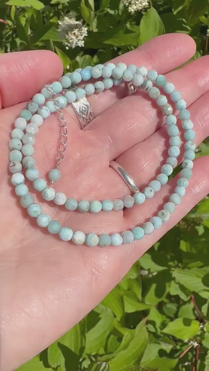 4mm Faceted Beaded Larimar and Sterling Silver Silver Necklace