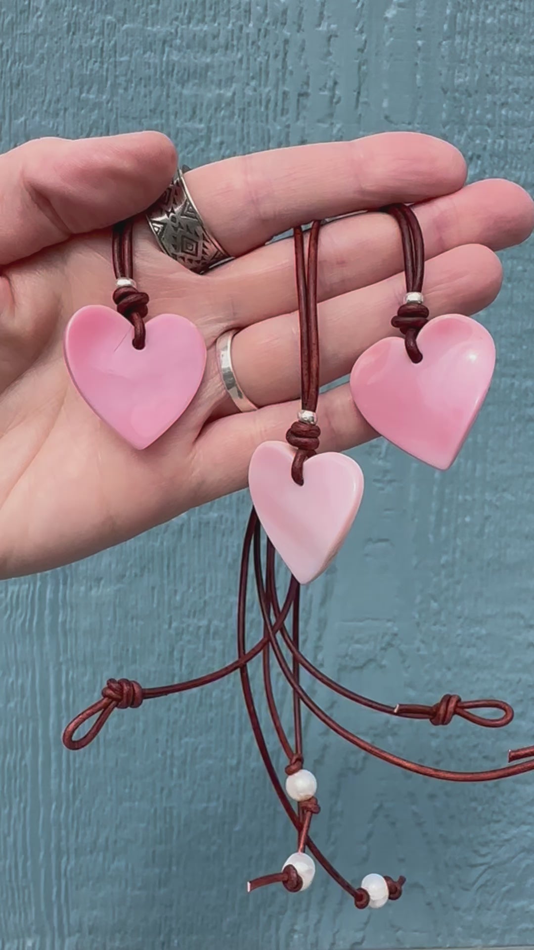 Pink Queen Conch Shell Heart, Solid 925 Sterling Silver, Freshwater pearl and Rustic Leather Necklace