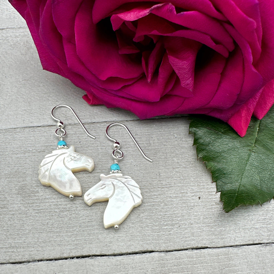 Turquoise, Carved Mother of Pearl Horse and Sterling Silver Earrings - SunlightSilver