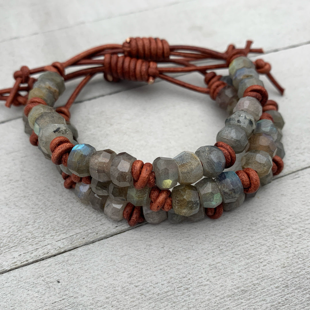 Faceted Labradorite Gemstone and Rustic Brown Leather Stacking Bracelet