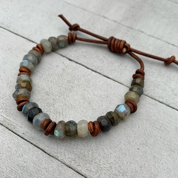Faceted Labradorite Gemstone and Rustic Brown Leather Stacking Bracelet