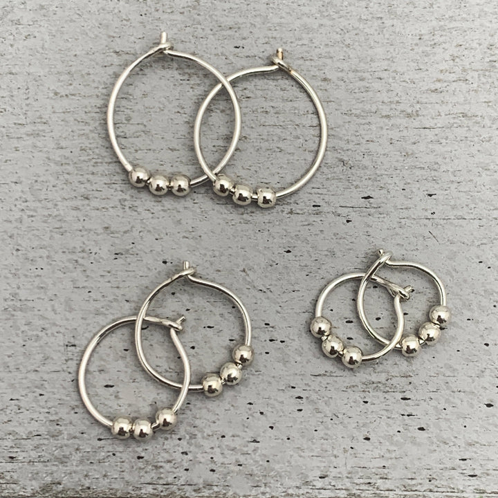 Sterling Silver Small Hoop Earrings with 3 Silver Ball Beads